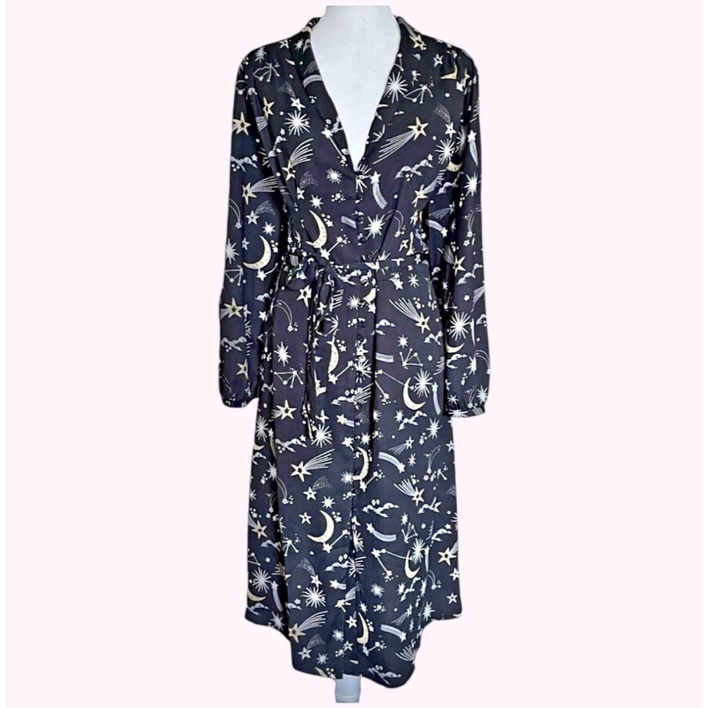 Joanie Babs Celestial Moon Star V Neck Midi Dress Size 14 - Picture 1 of 15